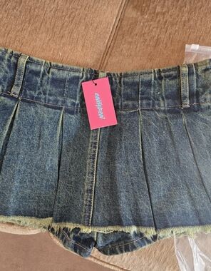 Denim Pleated Mini Skorts - Blue
